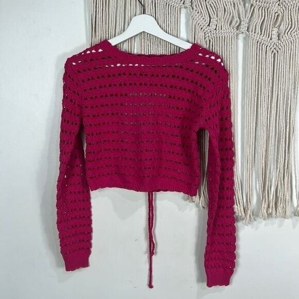 Womens Free People Knit Crop Top Long Sleeve Sheer Magenta Size Small open back